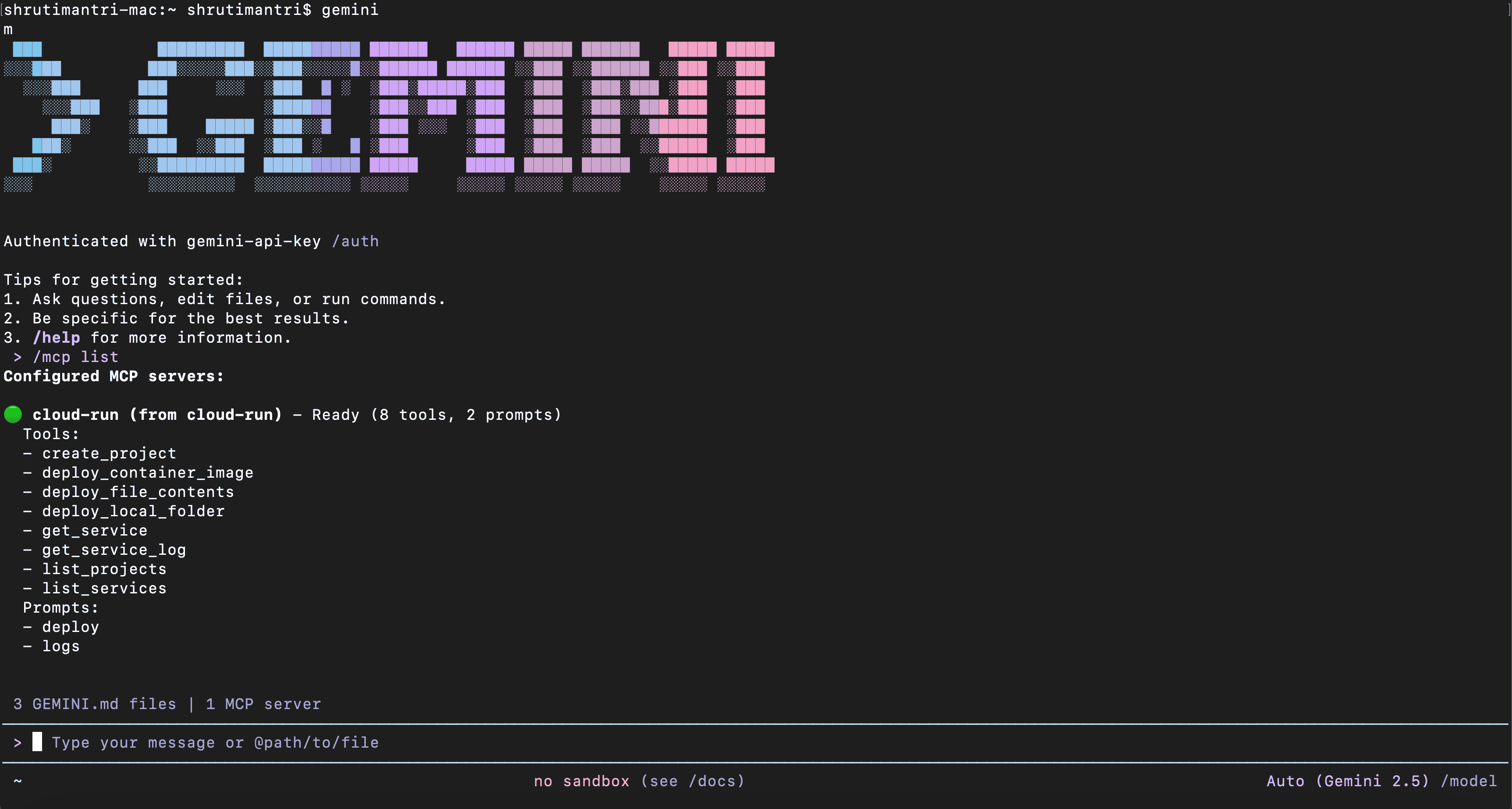 Screenshot of Cloud Run MCP Server listed in Gemini CLI
