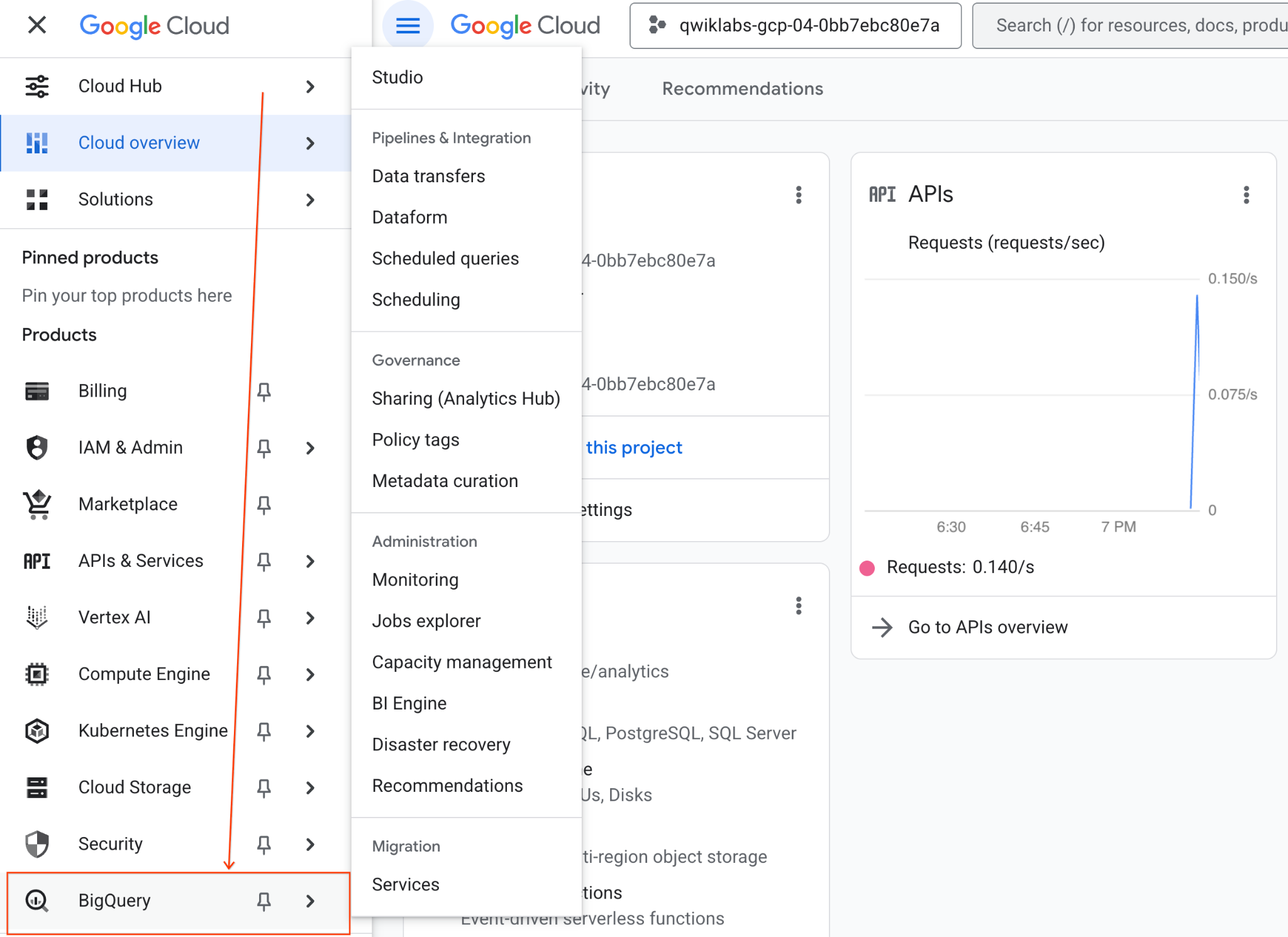 An arrow is pointing to the BigQuery tab in the Google Cloud console.