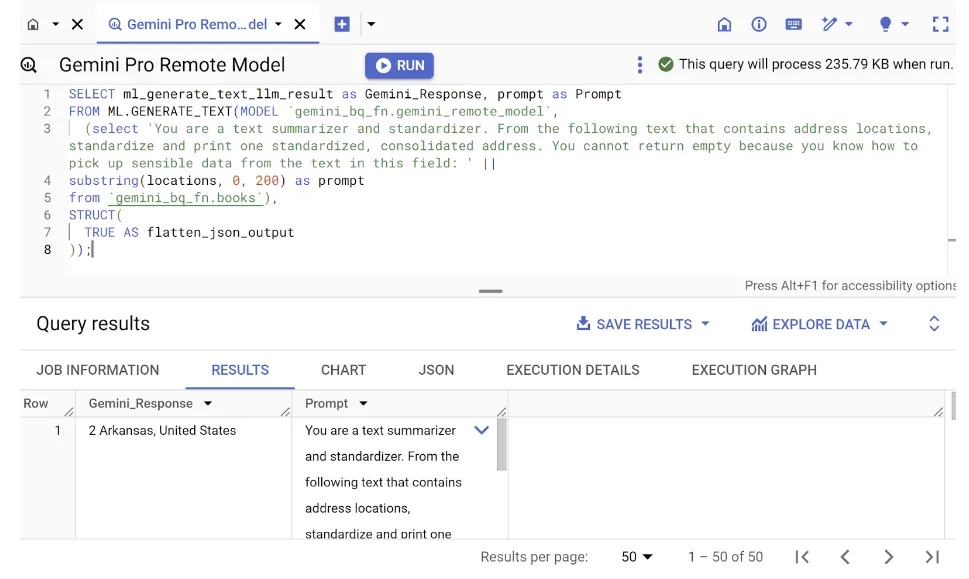 Kết quả truy vấn ML.GENERATE_TEXT trong BigQuery