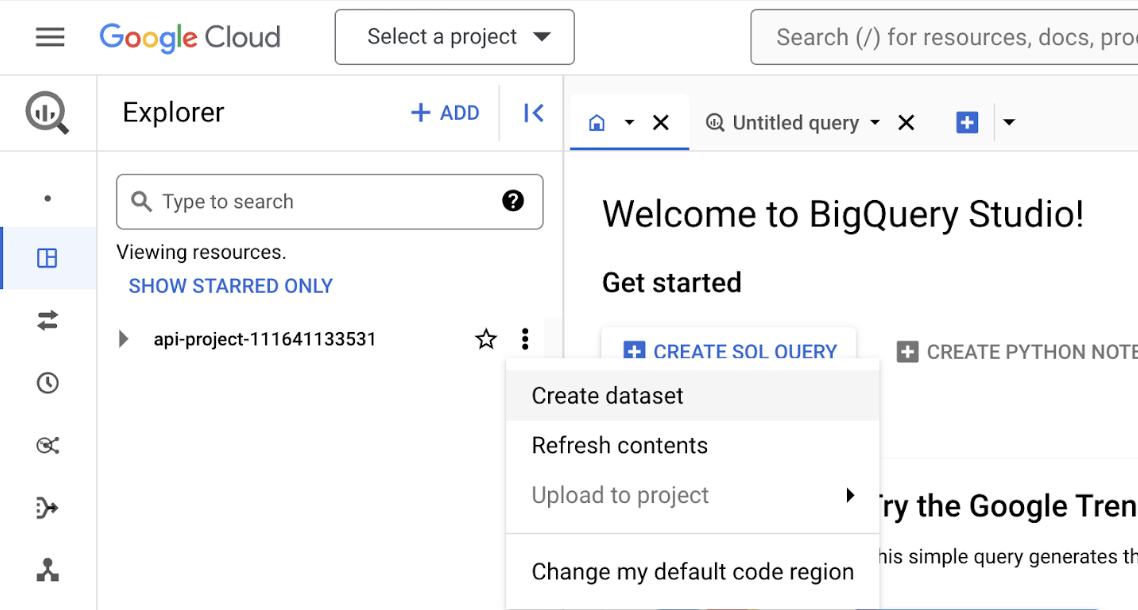 Abbildung des Menüs „Actions“ (Aktionen) und der Option „Create dataset“ (Dataset erstellen)