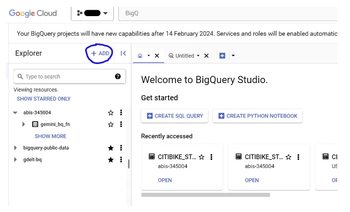 คอนโซล BigQuery ที่ไฮไลต์ปุ่ม &quot;เพิ่ม&quot; เพื่อเพิ่มการเชื่อมต่อภายนอก