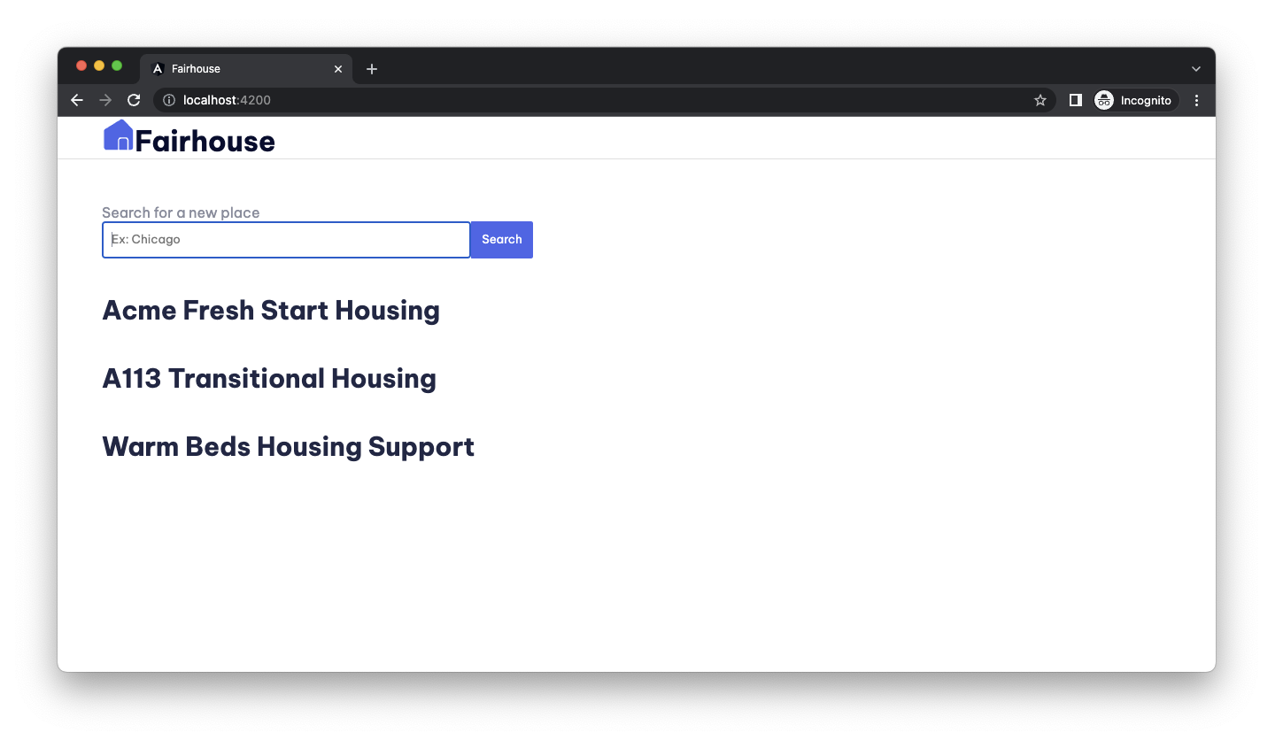 listing of 3 housing locations displayed