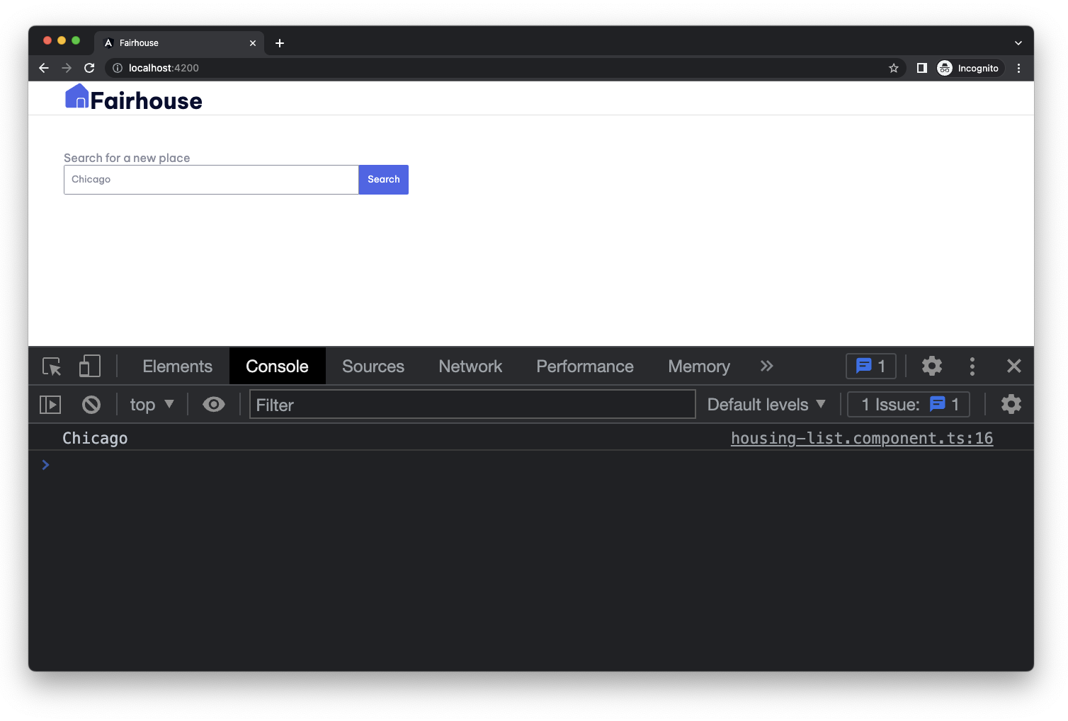 Saída de console do Chrome DevTools correspondente ao texto da pesquisa da IU