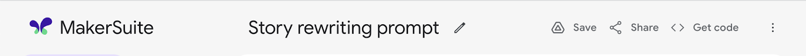 The makersuite toolbar. The Get code button is at the top right.