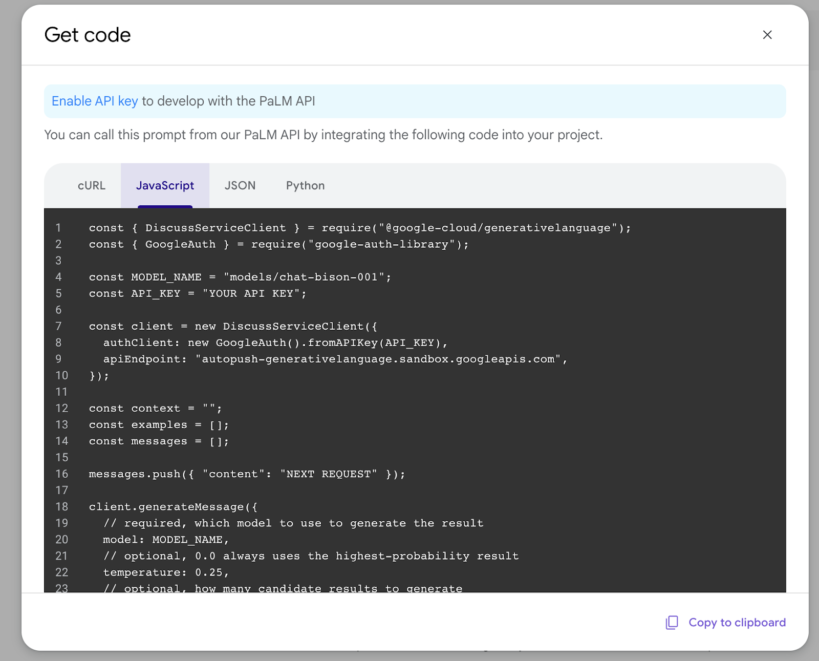 Dialog box showing code generated by Makersuite. Users can choose between using cURL, or javascript or python libraries, or retrieving the prompt information as JSON.