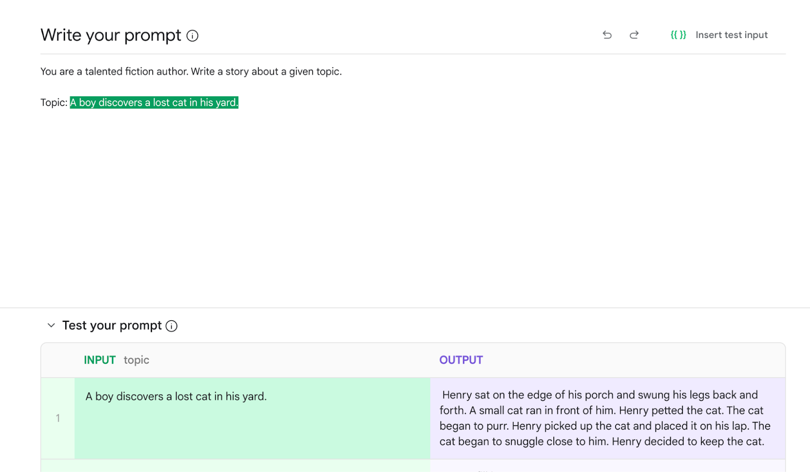 Screenshot of the Makersuite editor. The view shows the prompt on top, with the Test your prompt table of test inputs below.