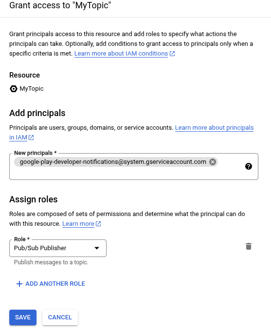 Permissão do editor do Config Adicione a conta de serviço google-play-developer-notifications@system.gserviceaccount.com e conceda a ela o papel de editor do Pub/Sub.