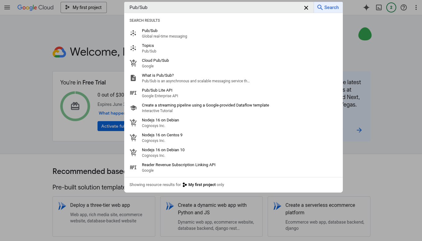 Pesquise e acesse a página de configuração do Pub/Sub Pesquise e acesse a página de configuração do Pub/Sub