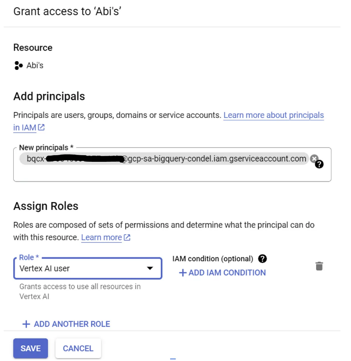 Capture d&#39;écran de l&#39;attribution de l&#39;accès au compte de service