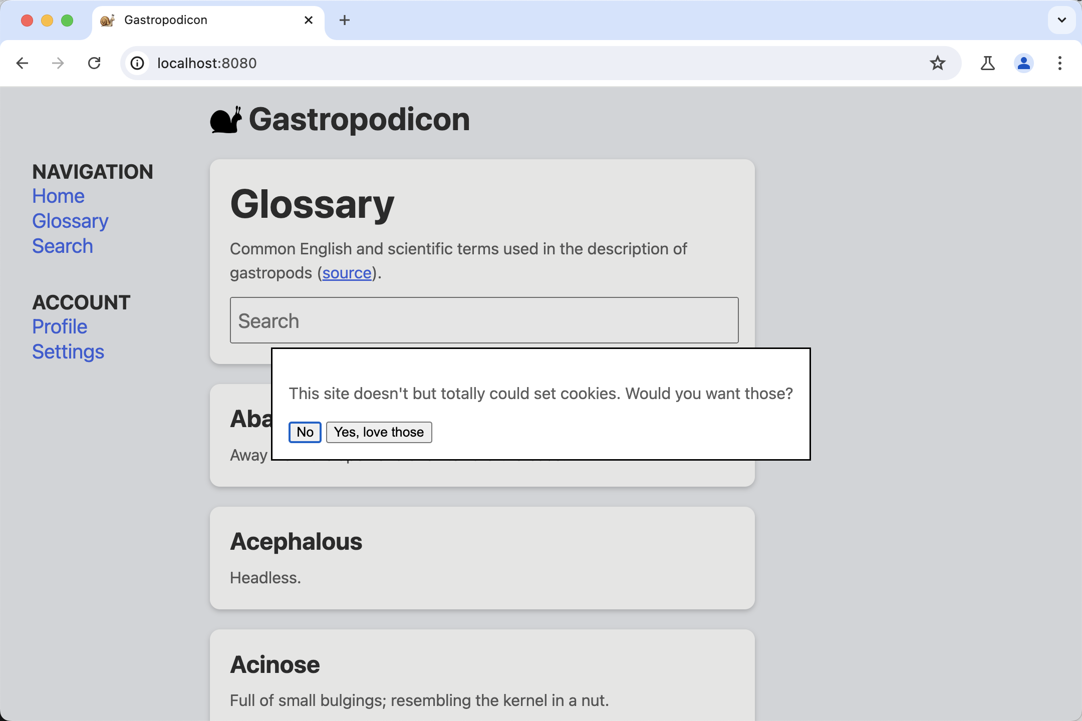 Uno screenshot della pagina di demo di Gastropodicon