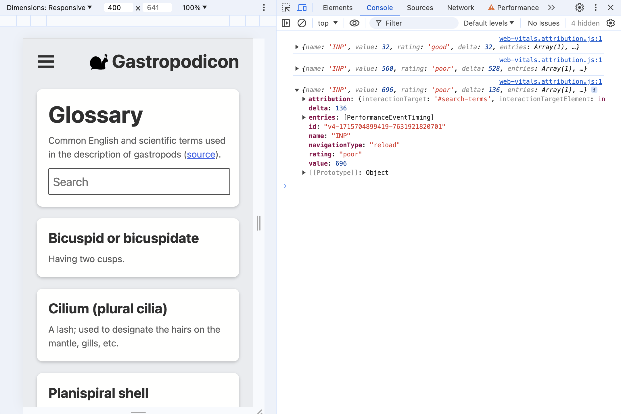 ภาพหน้าจอของคอนโซล DevTools ที่มีข้อความ INP ที่พิมพ์ออกมาเรียบร้อยแล้ว