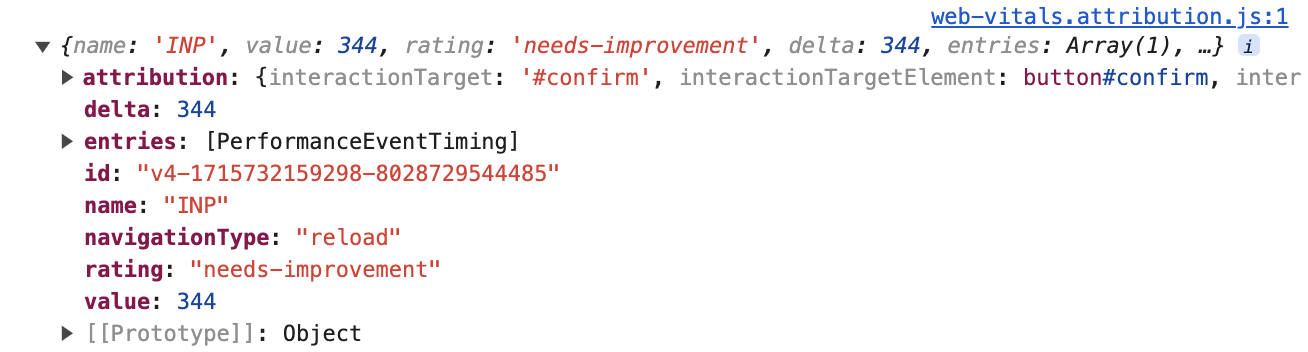 Objek data INP yang dicatat ke konsol DevTools
