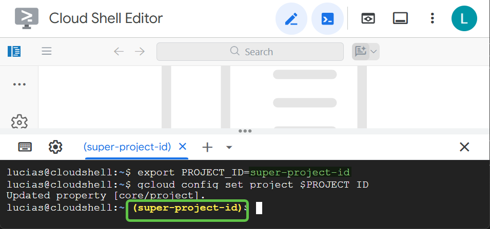 Cloud Shell: use gcloud config to set project