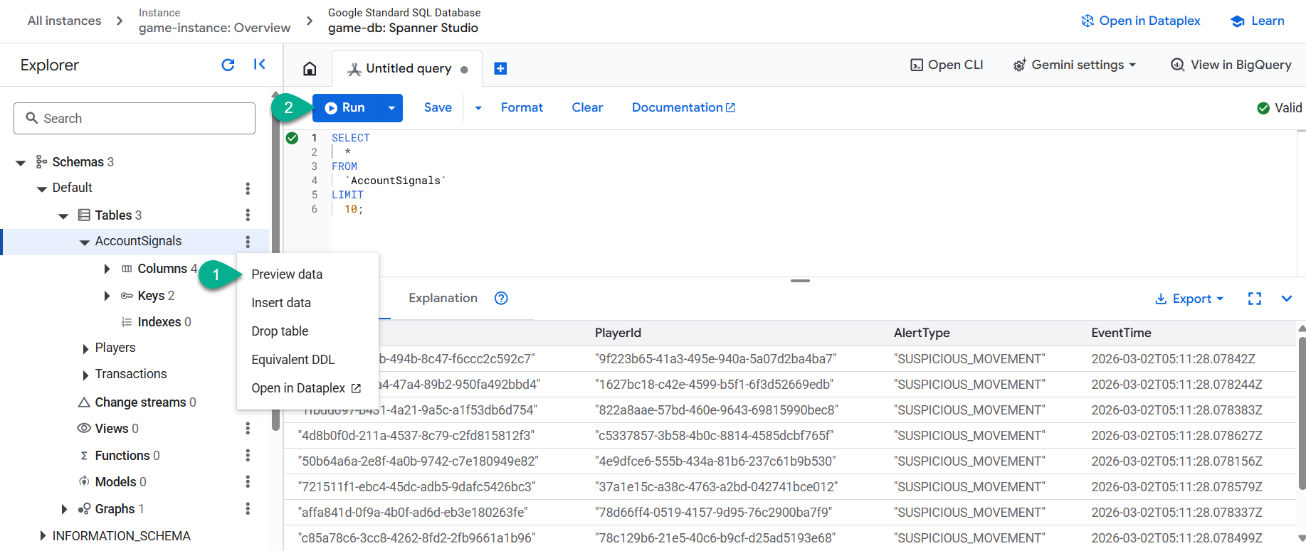 Pratinjau data dari Spanner Studio