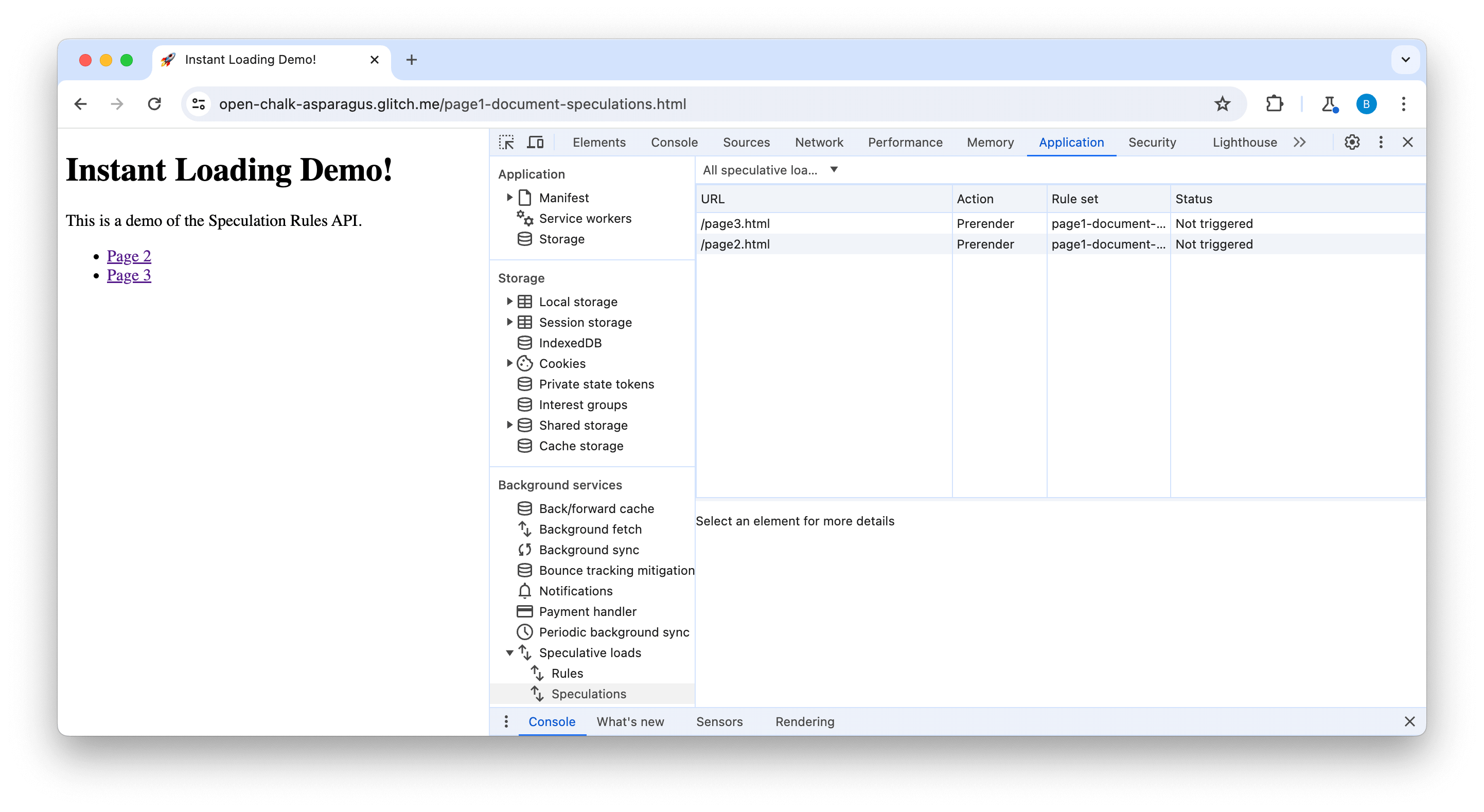 두 페이지가 트리거되지 않았음을 보여 주는 DevTools 추측 탭