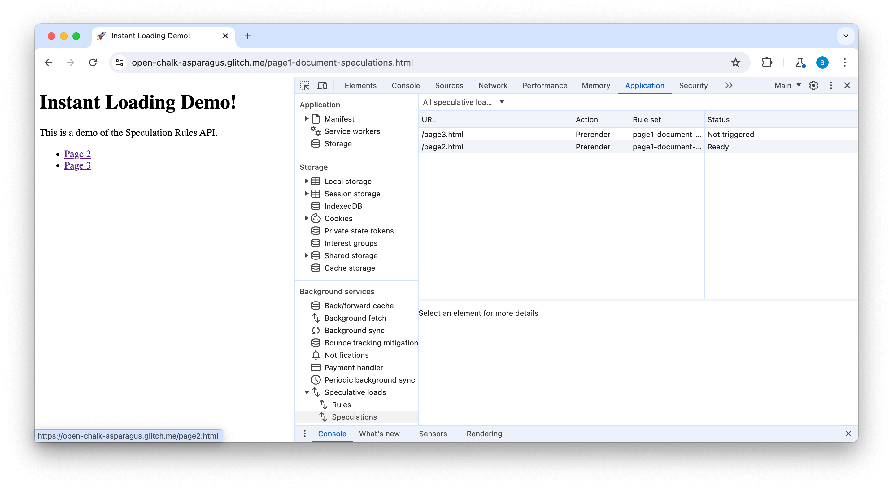 Der Tab „Vermutungen“ in den DevTools mit zwei ausgelösten Seiten