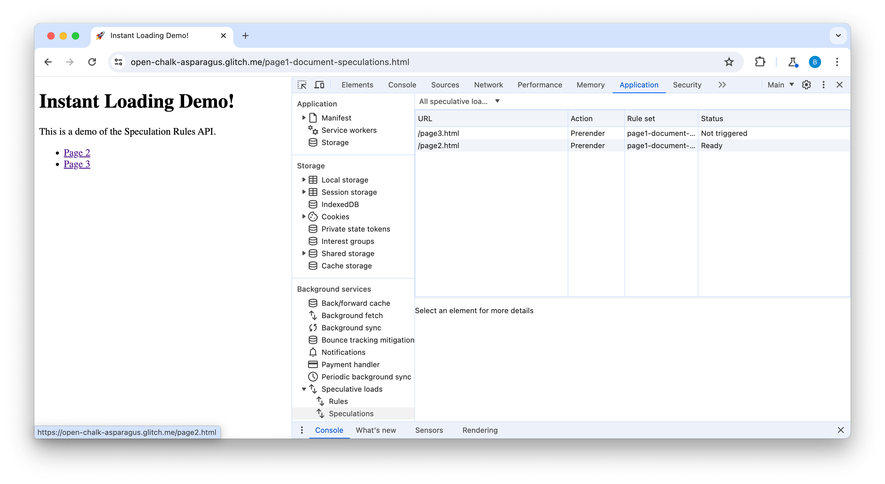 Scheda Speculazioni di DevTools che mostra due pagine attivate