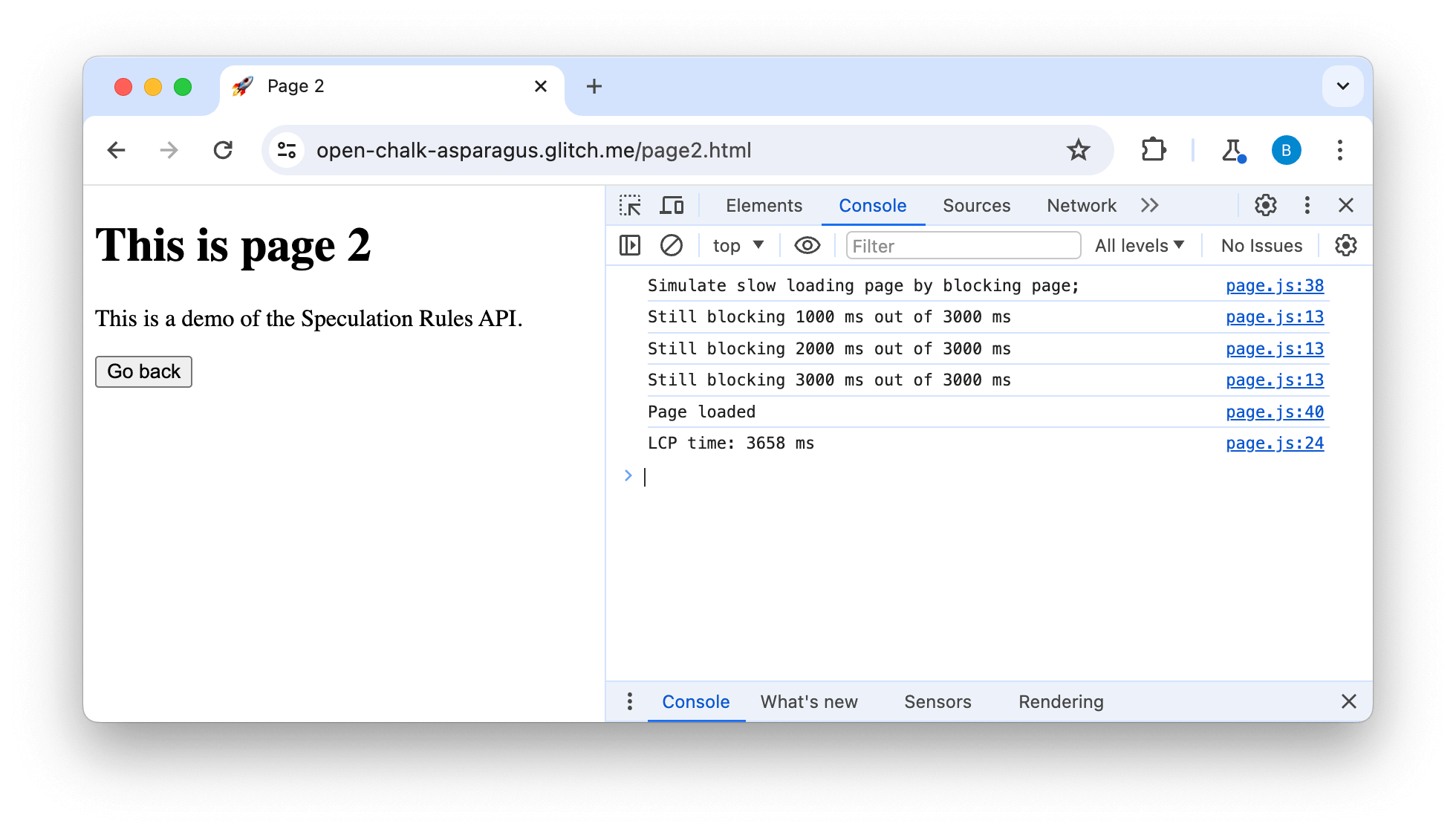 تصویر صفحه ۲ از سایت آزمایشی با DevTools باز که پیام مسدودکننده و سپس LCP ۳۶۵۸ میلیثانیه را نشان میدهد