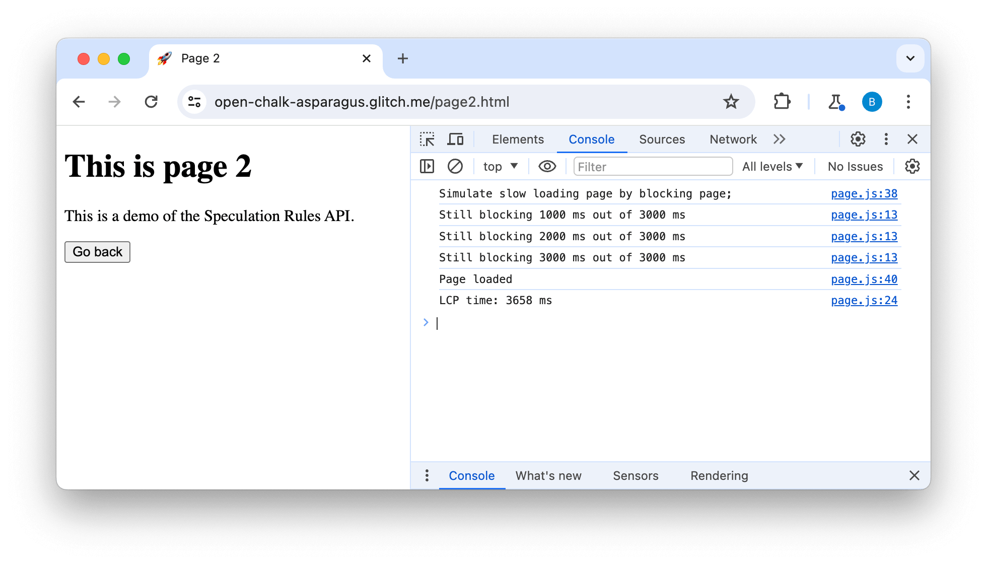 DevTools खुले हुए डेमो साइट के दूसरे पेज का स्क्रीनशॉट, जिसमें ब्लॉक करने वाला कुछ मैसेज दिख रहा है. इसके बाद, 3,658 मिलीसेकंड का एलसीपी दिख रहा है