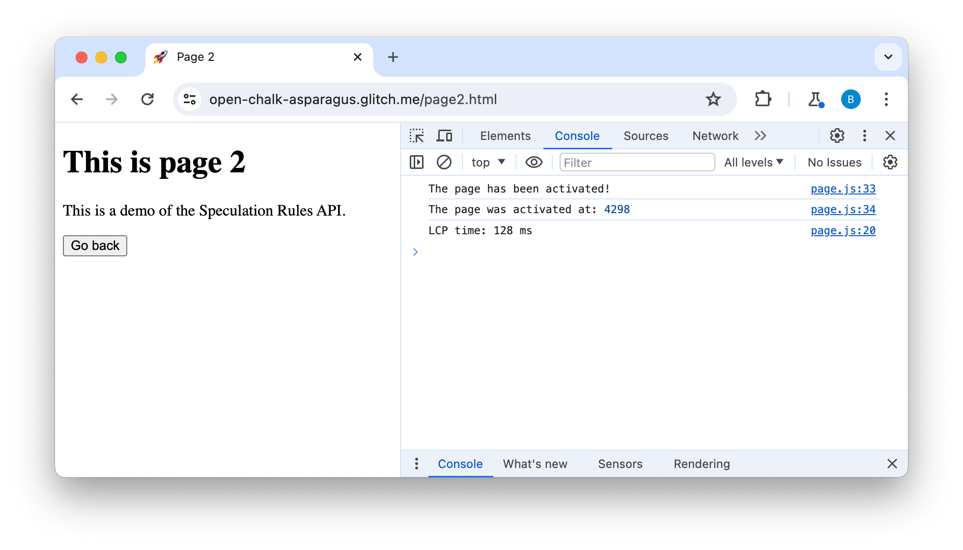 Entwicklertools-Konsole mit Logging-Meldungen, wenn die Seite aktiviert wird