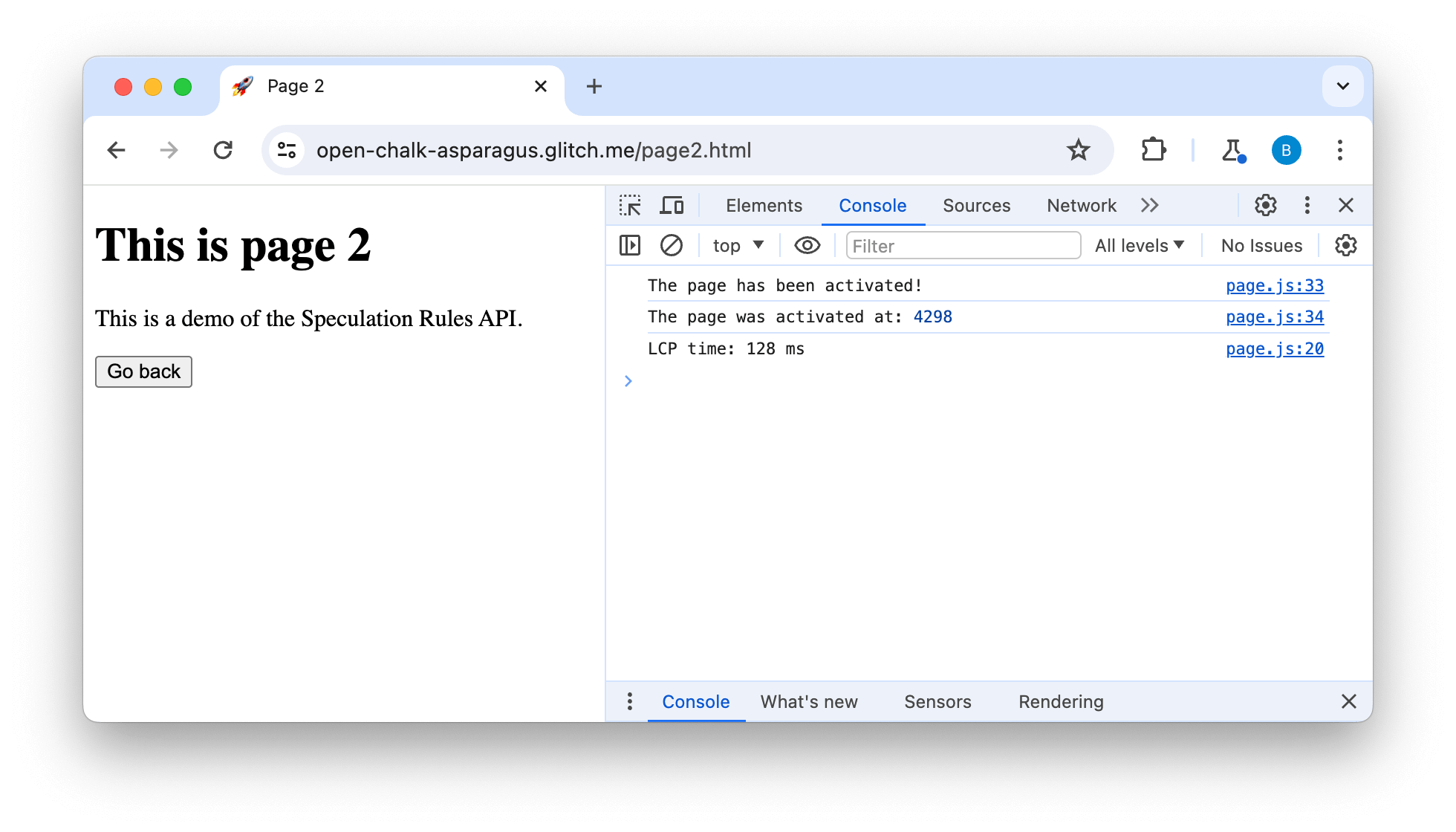 Console do DevTools mostrando mensagens de registro quando a página é ativada