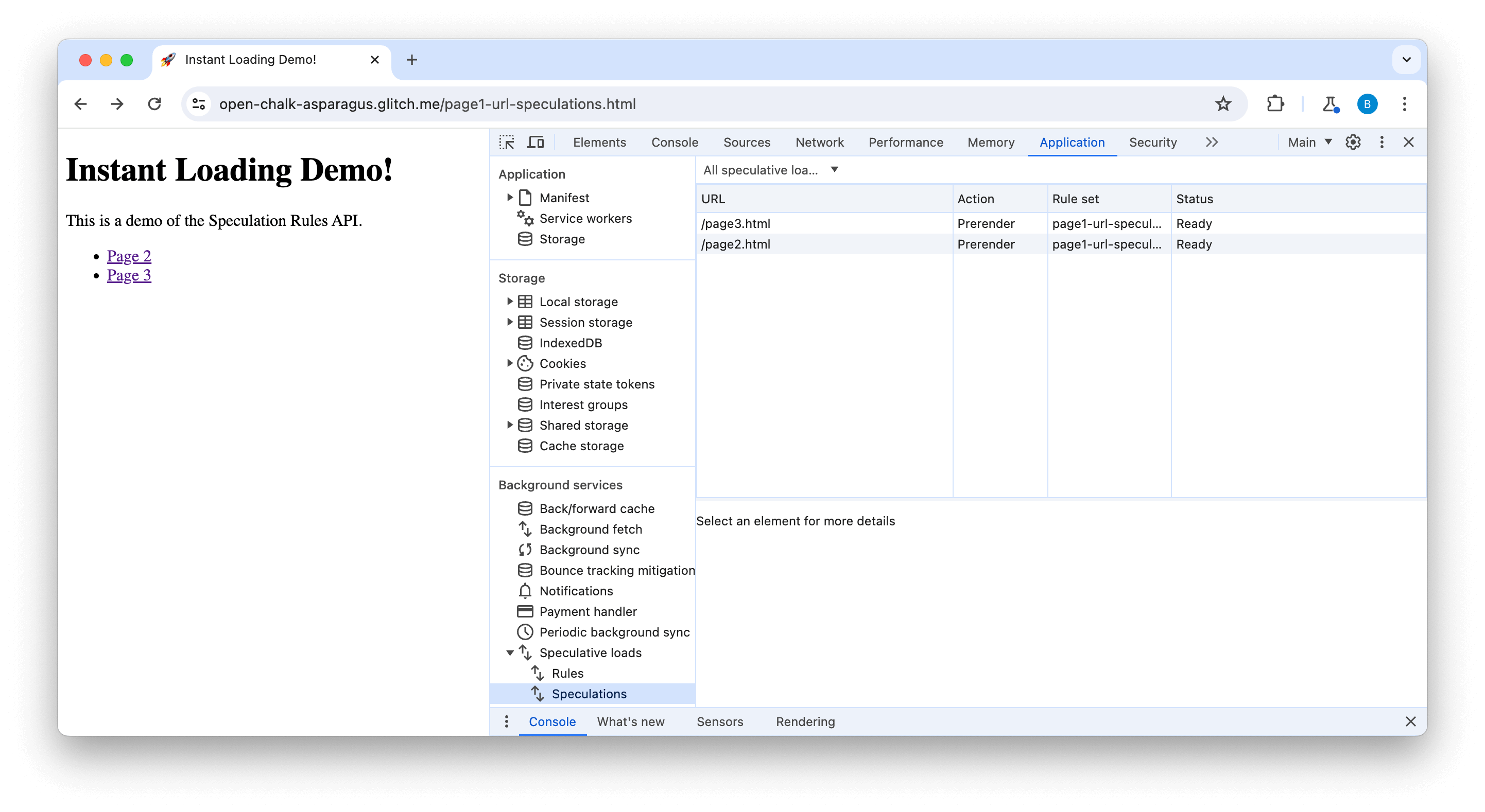 Onglet "Spéculations" dans la console d'outils de développement, montrant que deux pages ont fait l'objet de spéculations