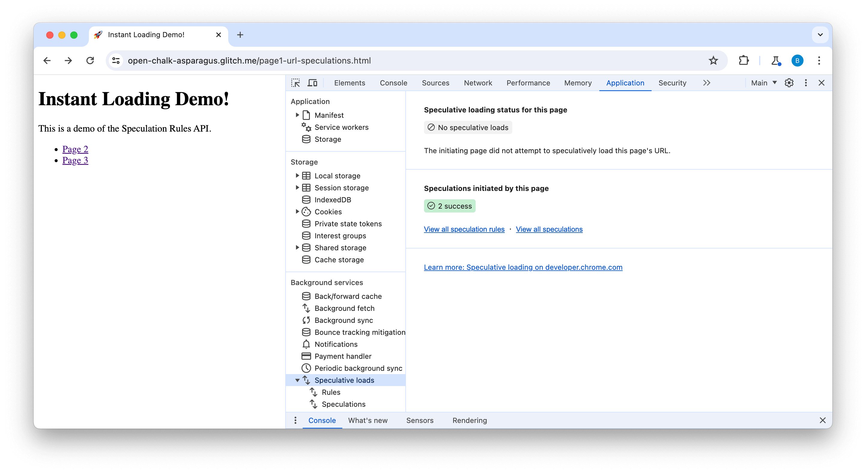 Вкладка «Спекулятивная загрузка DevTools»