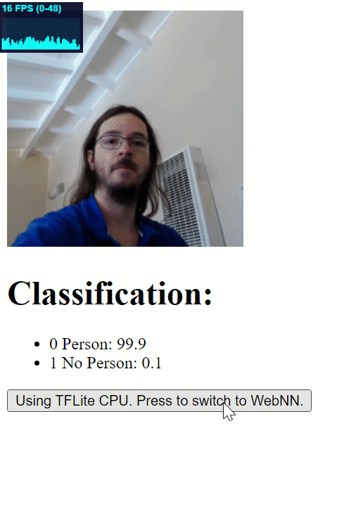 Model TFLite dan WebNN Menjalankan Model CPU TFLite serta model CPU dan GPU WebNN berjalan di aplikasi. Jika salah satu model WebNN aktif, menu dropdown akan beralih di antara model tersebut. Model CPU mendapatkan sekitar 15 FPS dan model CPU WebNN mendapatkan sekitar 40.
