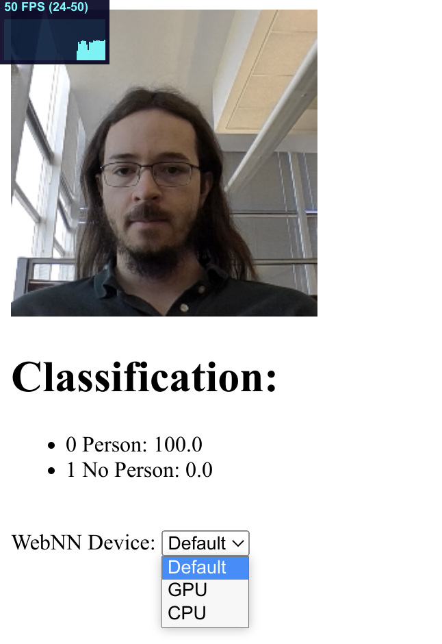 کشویی دستگاه WebNN The app shows a dropdown where the WebNN device can be selected from Default, GPU, or CPU.