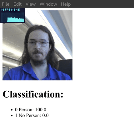 Модель ЦП Результат The TFLite CPU model runs in the Electron app. It classifies images from the webcam and displays confidence values for each class below.