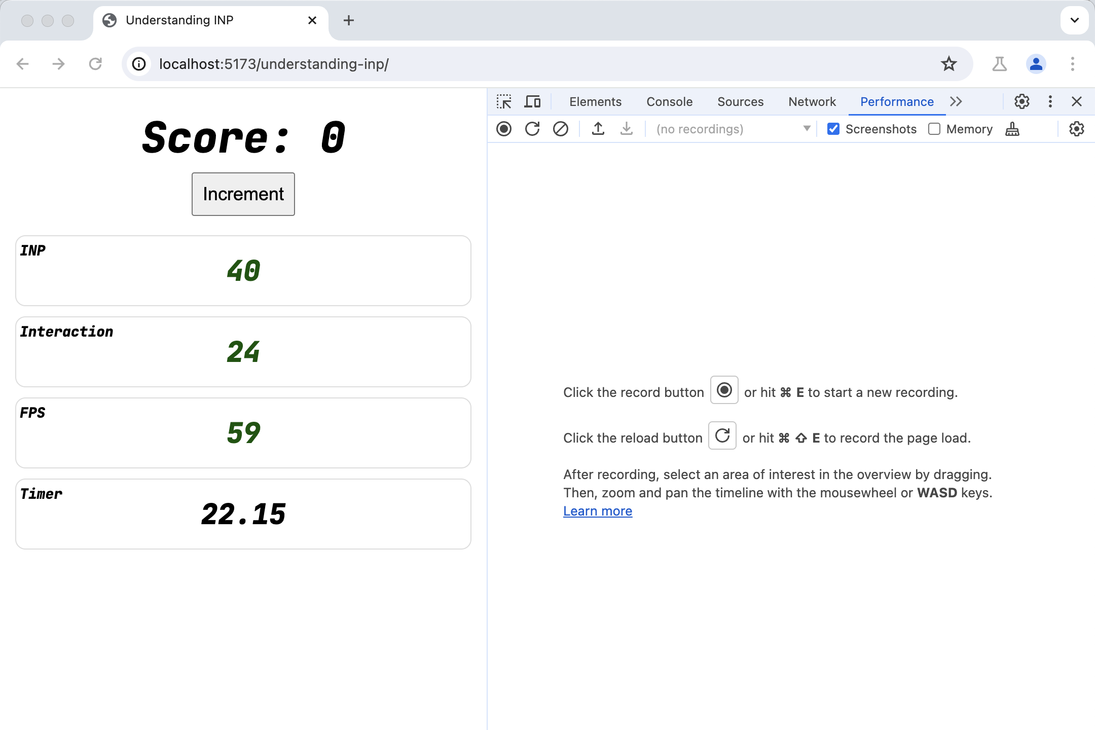 অ্যাপের পাশাপাশি DevTools পারফরম্যান্স প্যানেলের একটি স্ক্রিনশট