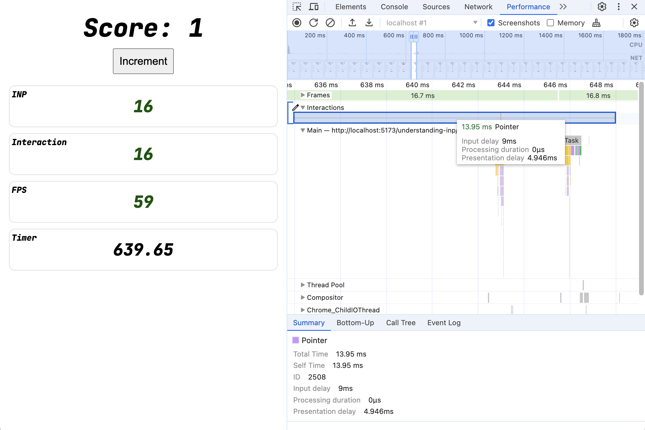 Screenshot des Steuerfelds „Leistung“ in den Entwicklertools mit dem Mauszeiger auf der Interaktion im Steuerfeld und einer Kurzinfo mit dem kurzen zeitlichen Ablauf der Interaktion