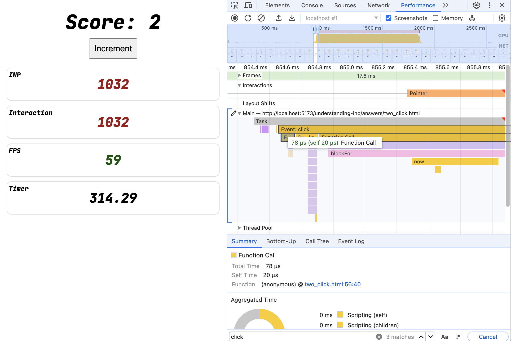 Uno sguardo ravvicinato all&#39;interazione di un secondo in questo esempio, che mostra la prima chiamata di funzione che richiede meno di un millisecondo per essere completata