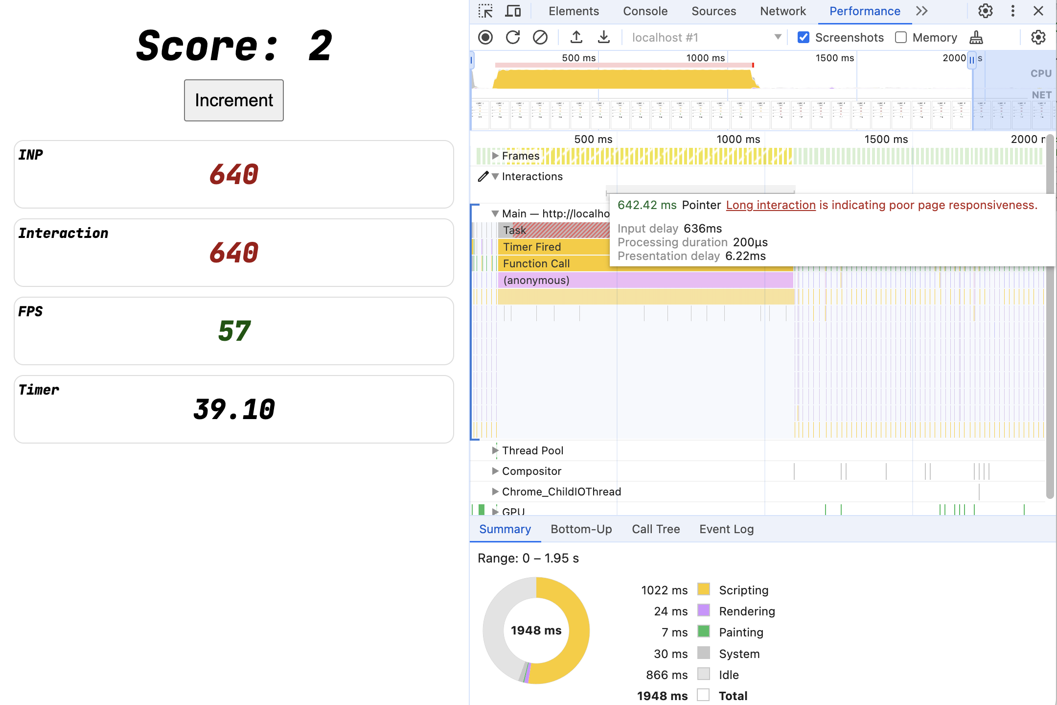 Panel Performance DevTools menampilkan tugas pemblokiran satu detik, interaksi yang dilakukan sebagian dari tugas tersebut, dan interaksi 642 milidetik, yang sebagian besar disebabkan oleh penundaan input