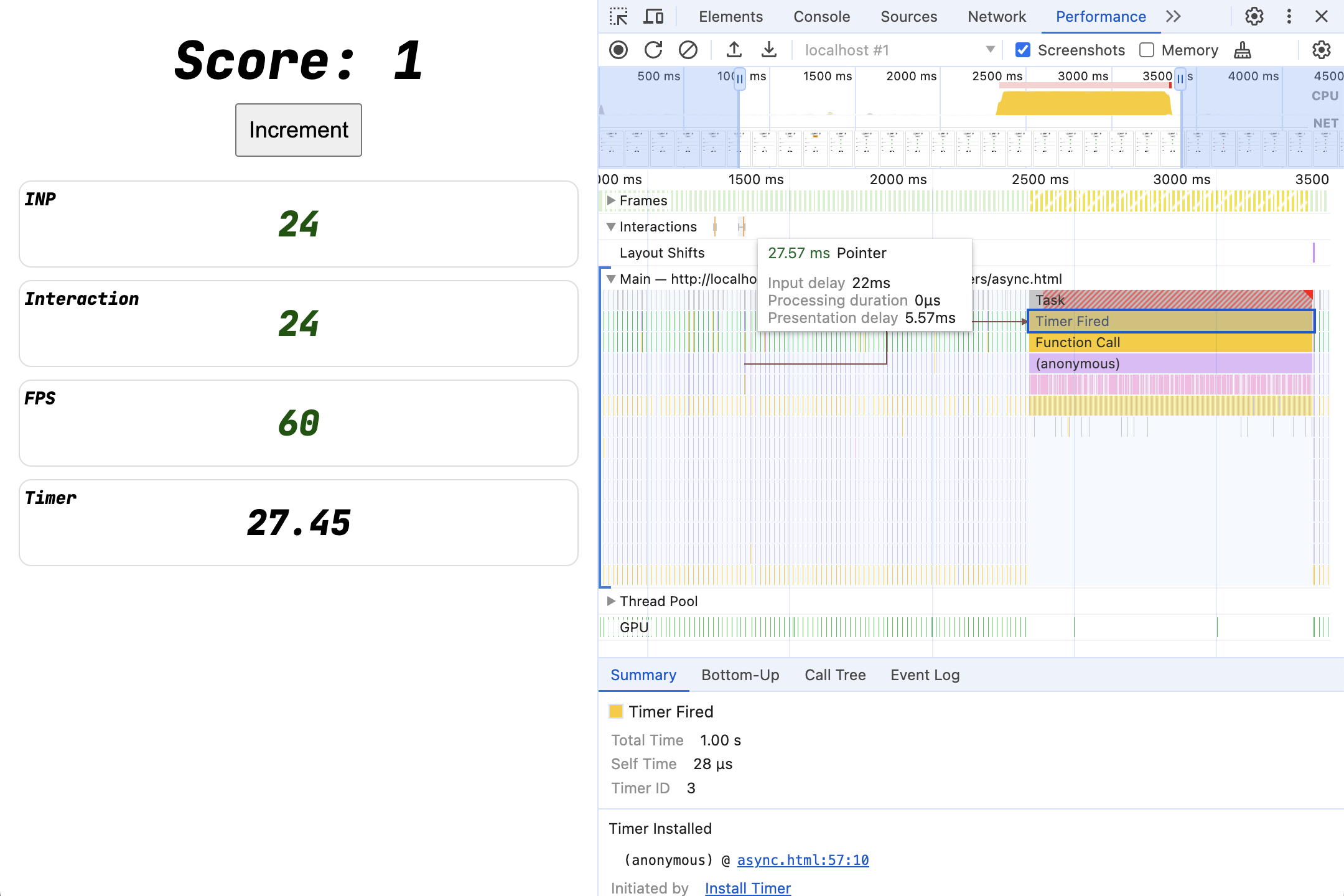 一次 27 毫秒的互动,其中包含一个 1 秒长的任务,现在发生在轨迹的后期
