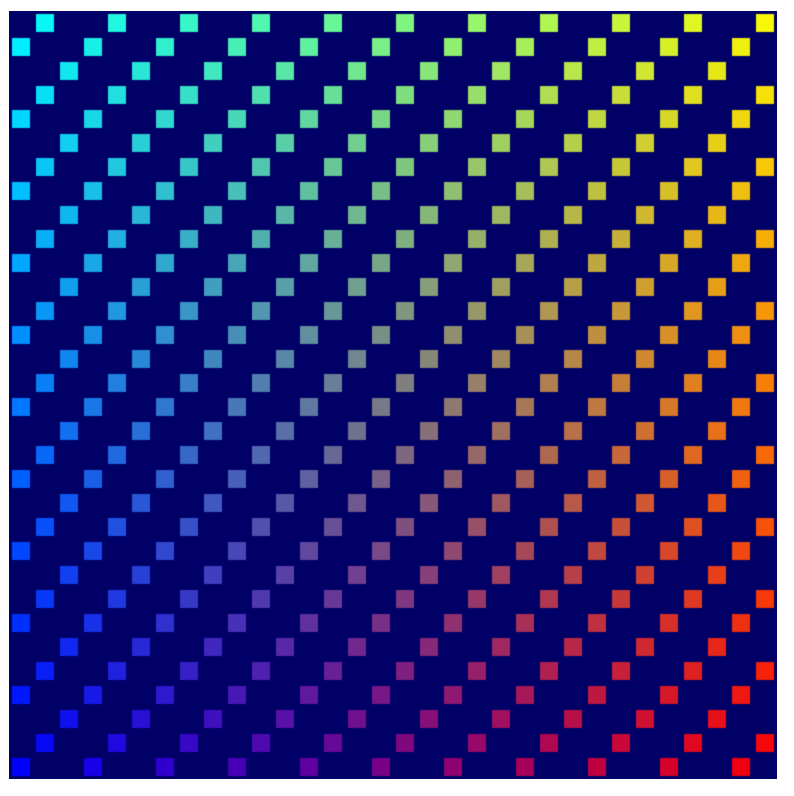 어두운 파란색 배경에 왼쪽 하단에서 오른쪽 상단으로 이어지는 다채로운 색상의 정사각형이 대각선으로 줄지어 있는 모습 