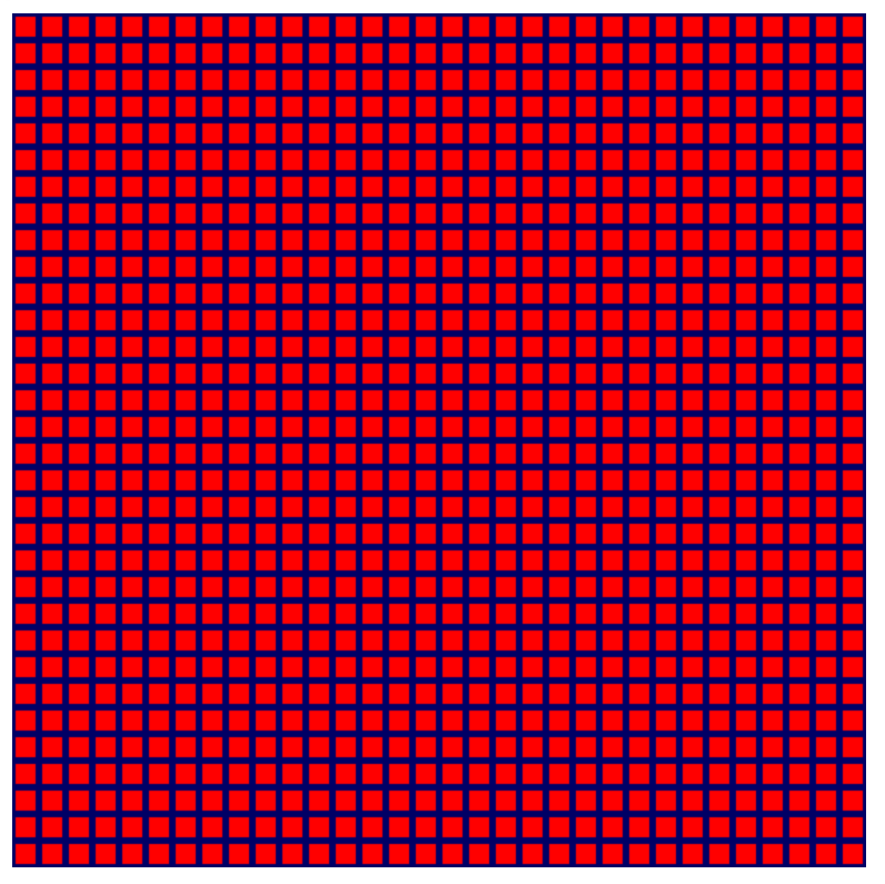 32 filas de 32 columnas de cuadrados rojos sobre fondo azul oscuro.