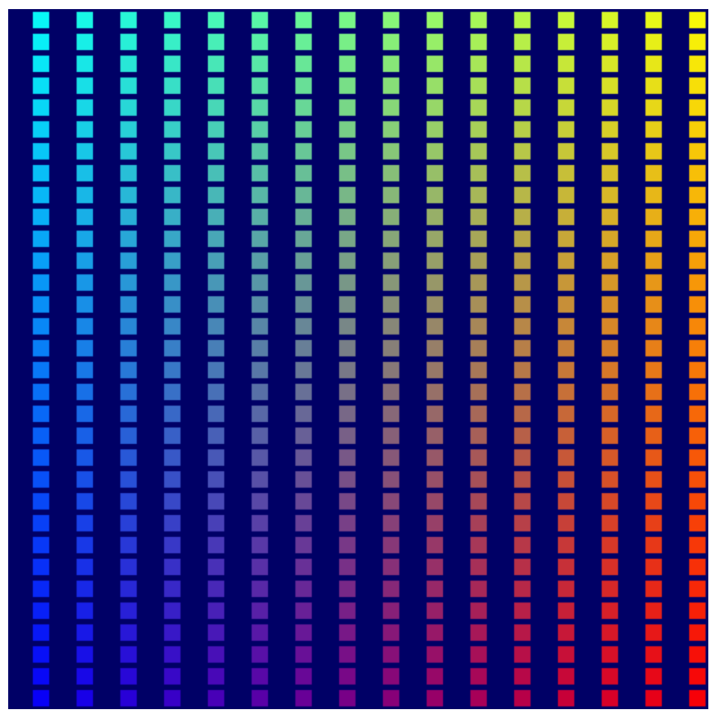 Franjas verticales de cuadrados de colores sobre fondo azul oscuro. 