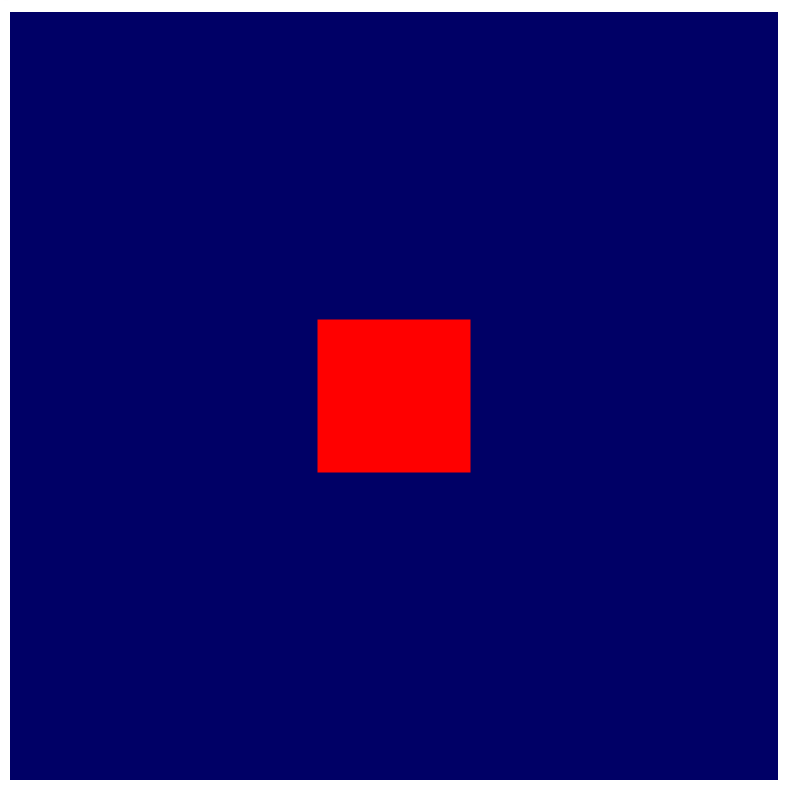 Um pequeno quadrado vermelho no centro de um plano de fundo azul escuro.