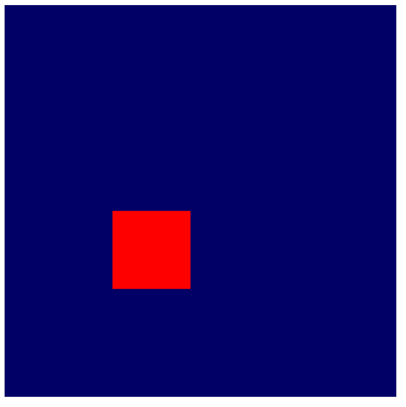 深蓝色背景上的红色方形的屏幕截图。与上图所示的相同位置绘制的红色方形，但没有网格叠加层。