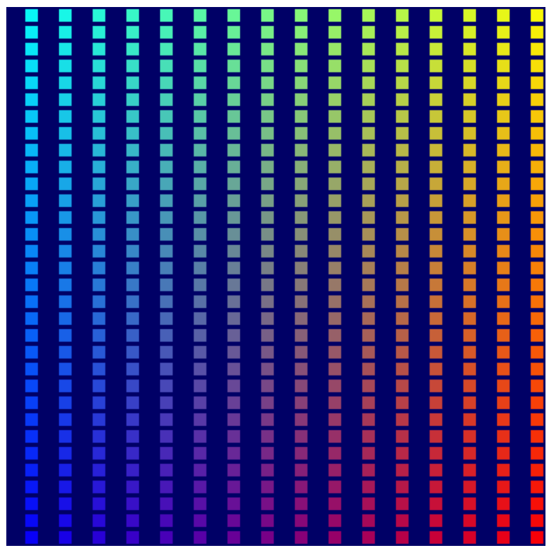 Strisce verticali di quadrati colorati su sfondo blu scuro. 